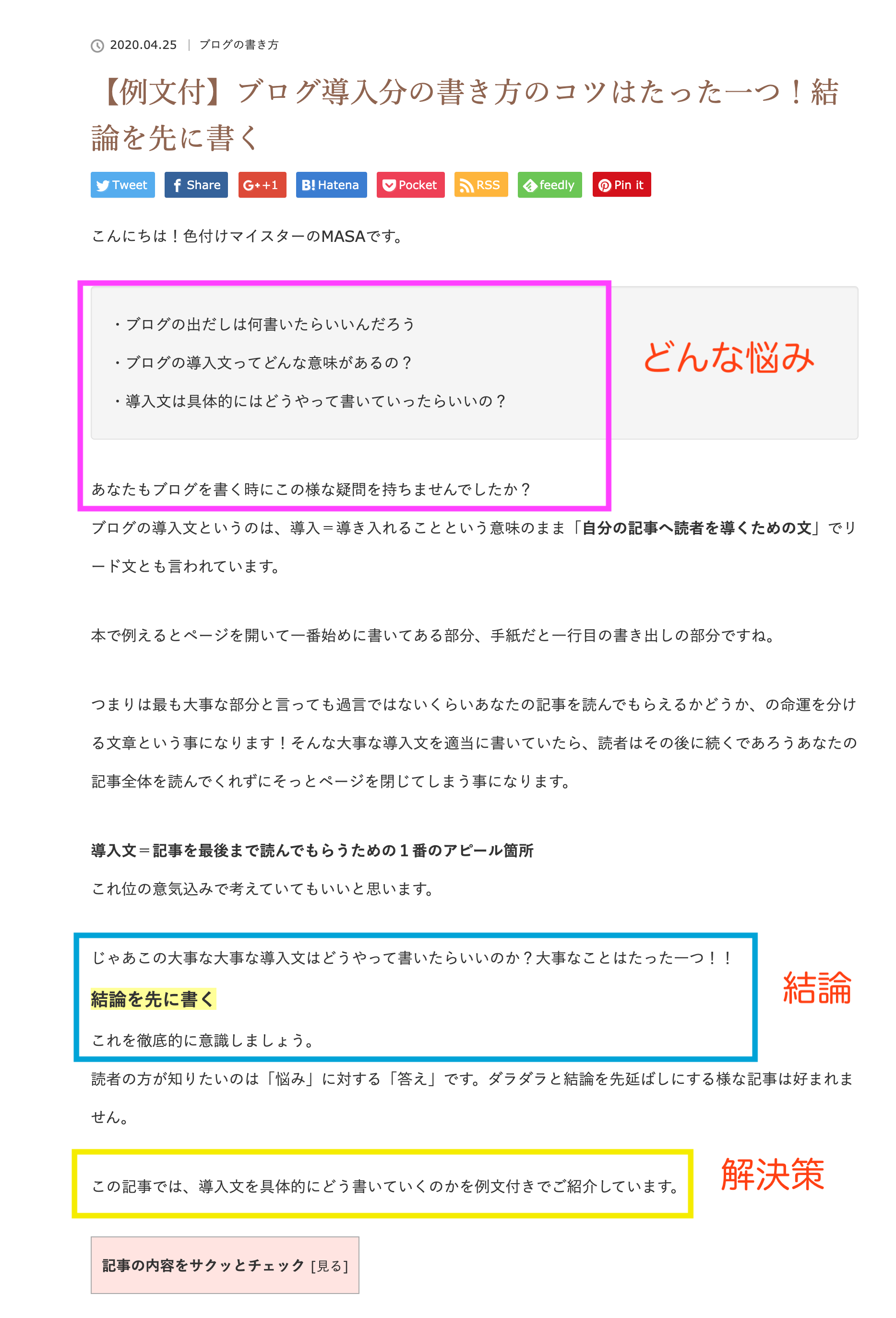 例文付 ブログ導入分の書き方のコツはたった一つ 結論を先に書く Color Drip